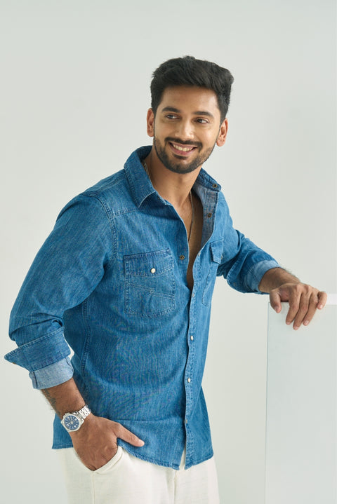 Western Model Denim Shirt Pocket Embroidery With Snap Buttons