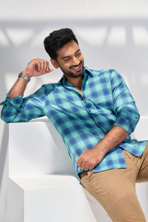 Teal Blue Cotton Checks Shirt