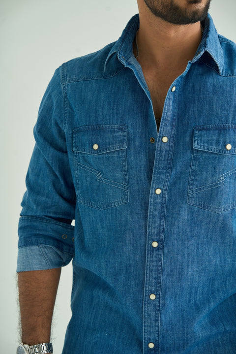 Western Model Denim Shirt Pocket Embroidery With Snap Buttons