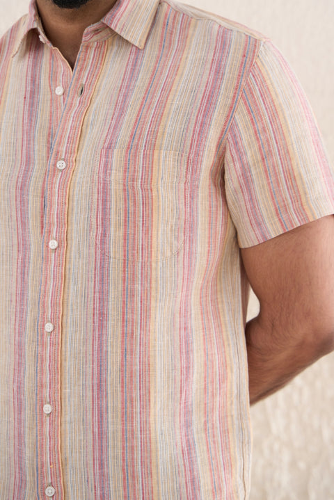 Half Sleeve Multi Stripes Linen Shirt