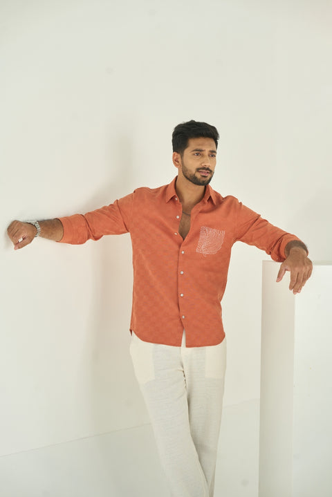 Baked Terra Cotta Linen Shirt With Embroidery