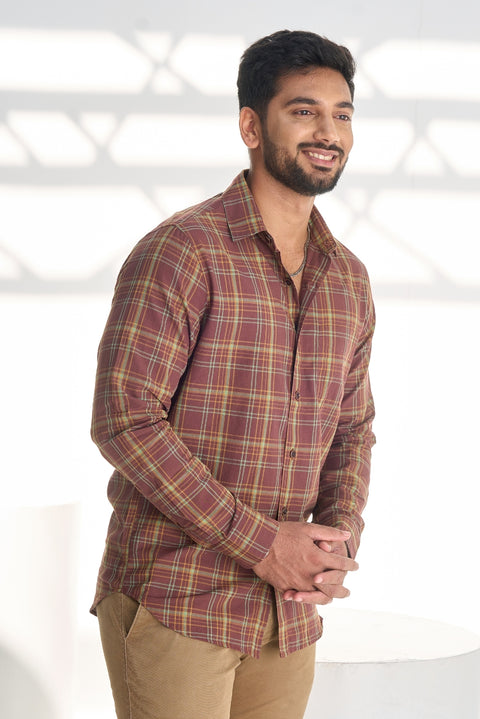 Brown Stone Checks Shirt In Feather Light Cotton