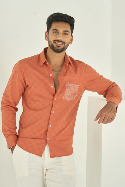 Baked Terra Cotta Linen Shirt With Embroidery