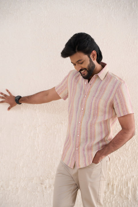 Half Sleeve Multi Stripes Linen Shirt