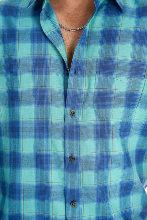 Teal Blue Cotton Checks Shirt