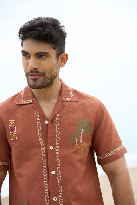 Men’s Embroidered Linen-Cotton Holiday Shirt – Summer & Vacation Wear