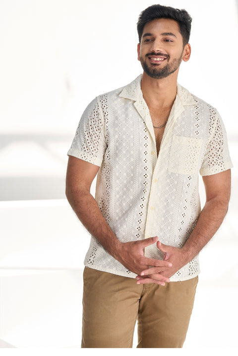 White Schiffli Shirt Cuban Collar