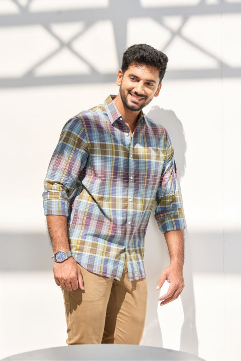 Olive Infusion Cotton Checks Shirt