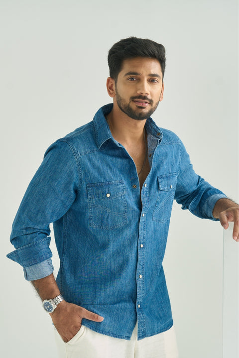 Western Model Denim Shirt Pocket Embroidery With Snap Buttons