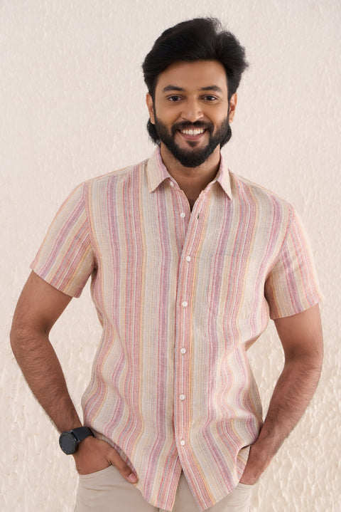 Half Sleeve Multi Stripes Linen Shirt