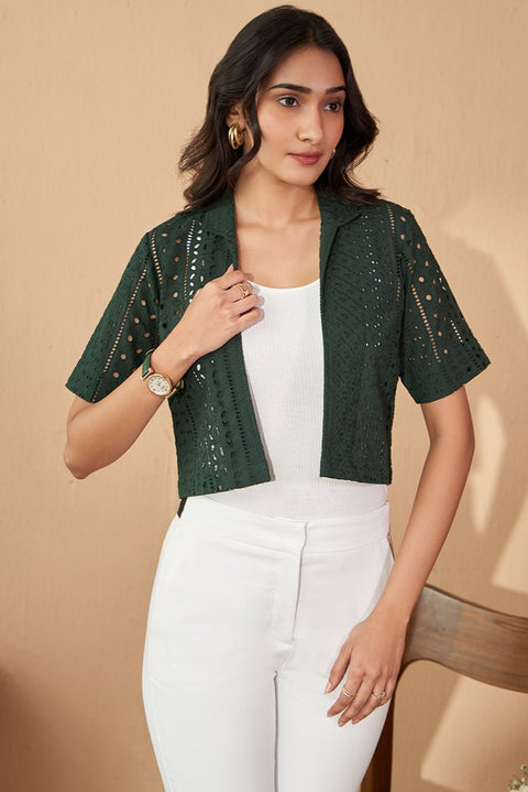 Bottle Green Schiffli Short Shrug In Cotton Limited Edition