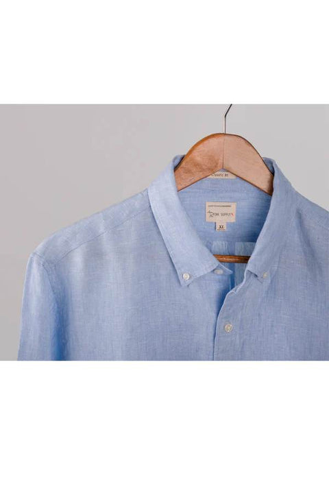 collar view of blue pure linen shirt