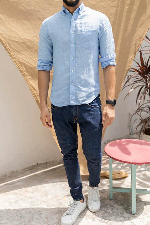 full view of sky blue linen shirt