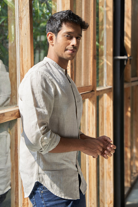 Mandarin Collar Khakhi Shirt
