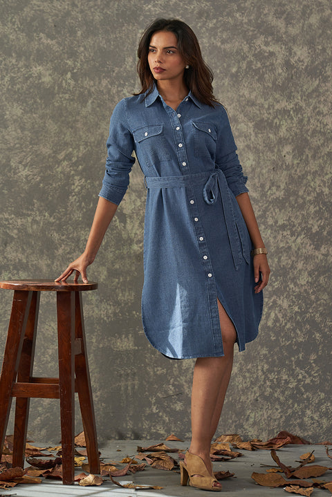 Belted Indigo Shirt Dress Model