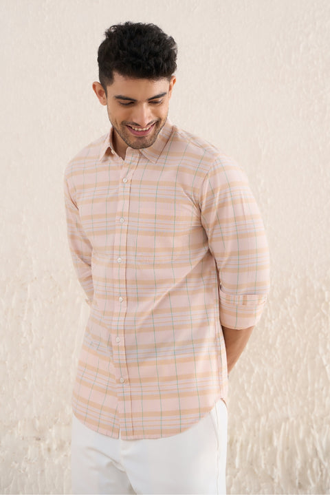 Pastel Peach Checks 100% Cotton Shirt