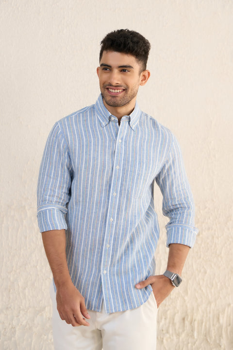 Light Blue Striped 100% Linen Shirt