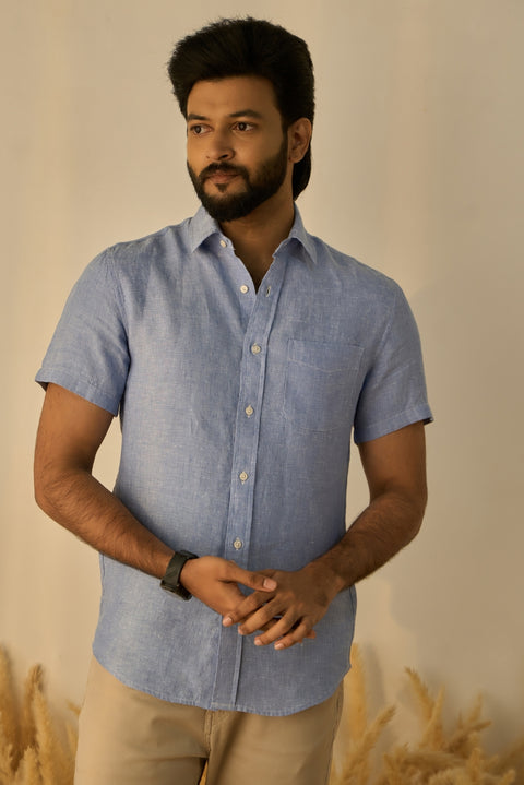 Blue Solid 100% Linen Shirt