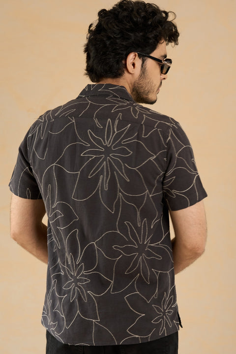 Cuban Collar Baked Brown Embroidery Shirt