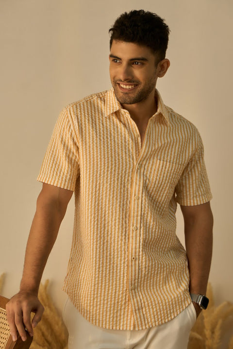 Mustard Stripes Seersucker 100% Cotton Shirt