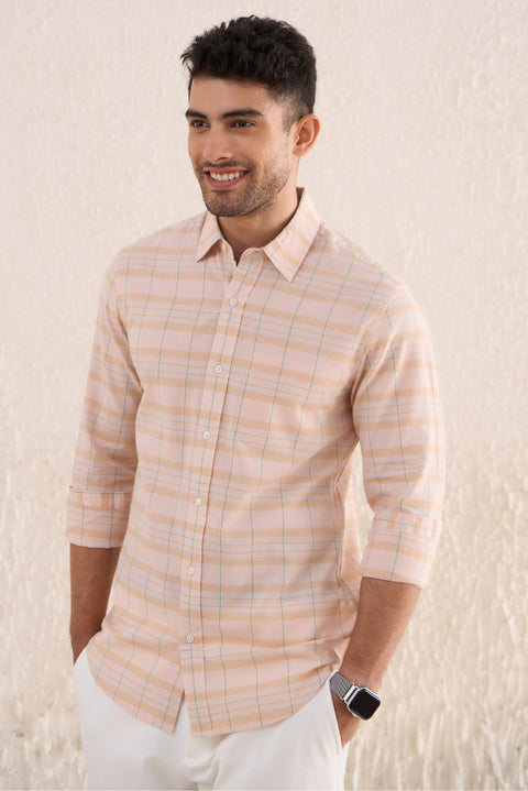 Pastel Peach Checks 100% Cotton Shirt