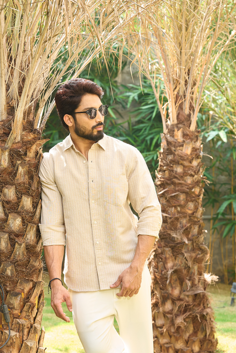 Khakhi Heritage  100 % linen striped shirt