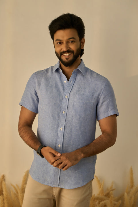 Blue Solid 100% Linen Shirt