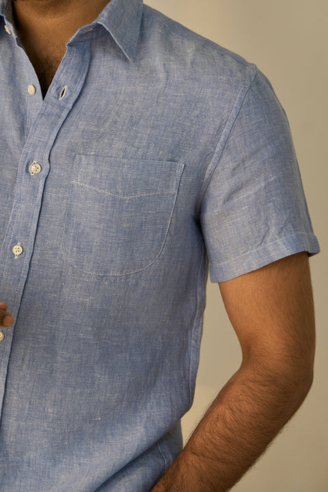 Blue Solid 100% Linen Shirt