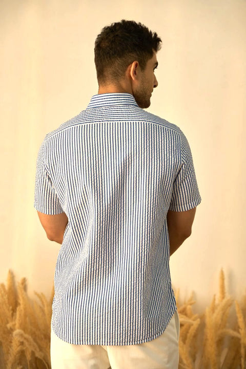 Seersucker White And Blue Striped 100% Cotton Shirt