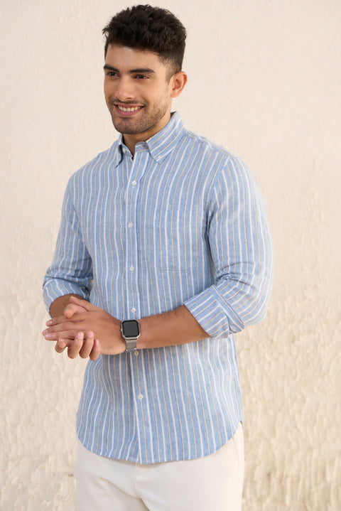 Light Blue Striped 100% Linen Shirt