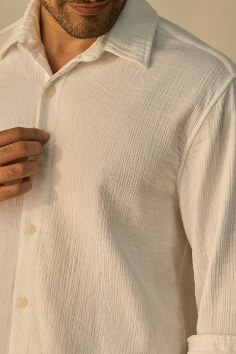 Crinkled White Double Fabric 100% Cotton Shirt