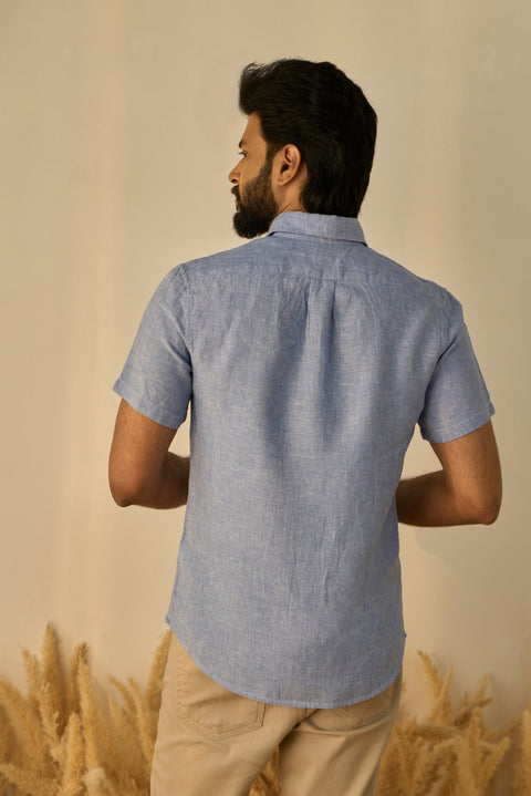 Blue Solid 100% Linen Shirt