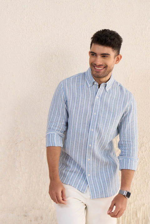 Light Blue Striped 100% Linen Shirt