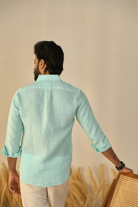 Aqua Blue 100% Linen Shirt