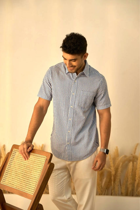 Seersucker White And Blue Striped 100% Cotton Shirt