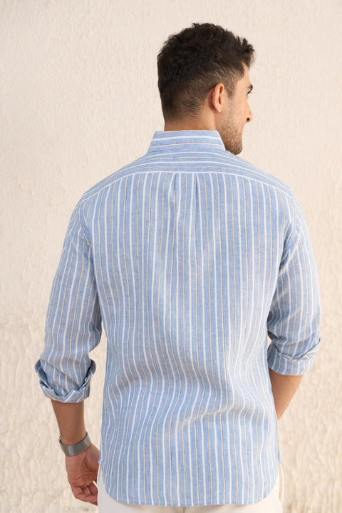 Light Blue Striped 100% Linen Shirt