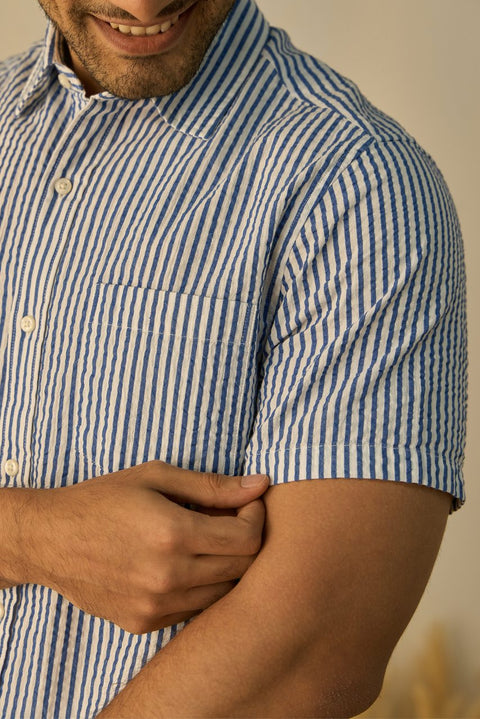 Seersucker White And Blue Striped 100% Cotton Shirt