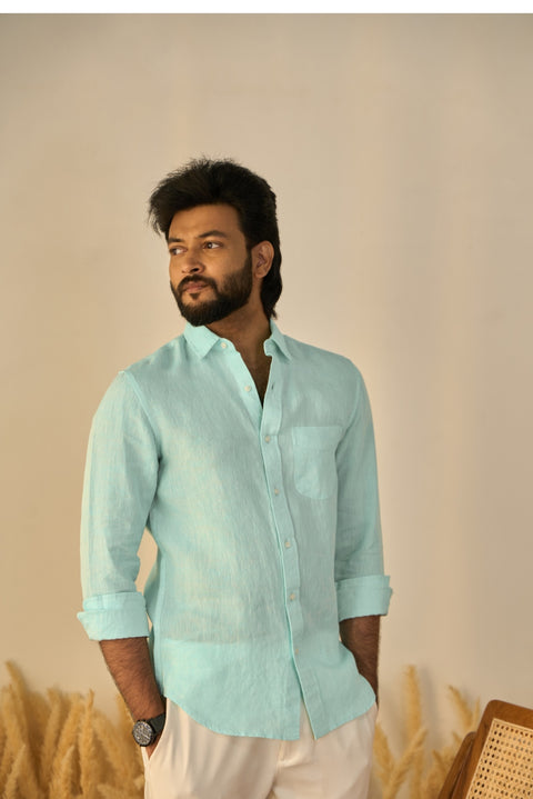 Aqua Blue 100% Linen Shirt