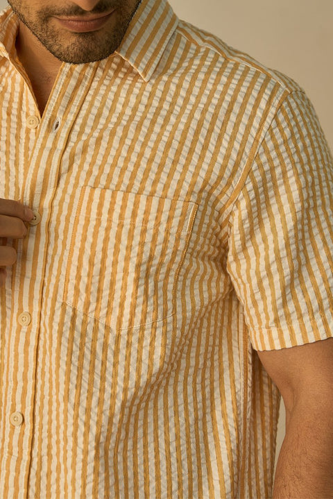 Mustard Stripes Seersucker 100% Cotton Shirt