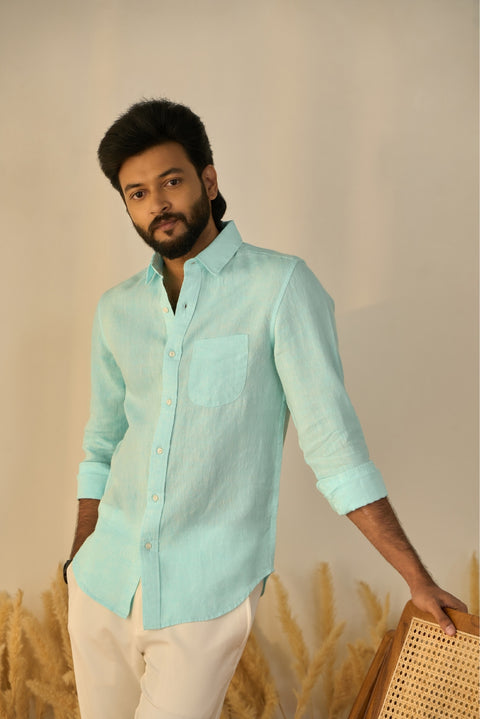 Aqua Blue 100% Linen Shirt