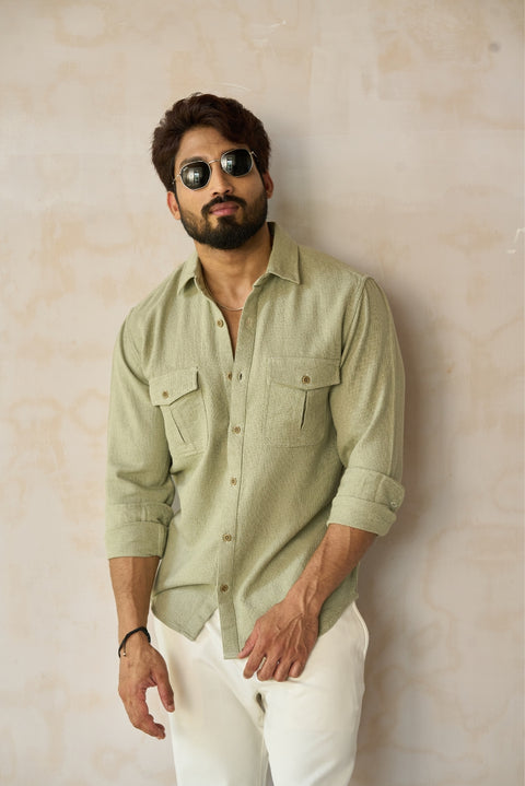Vibrant Pastel Green Grindle Weave Button-Up shirt