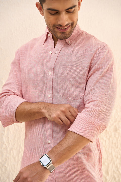 Coral Houndstooth 100% Linen Shirt