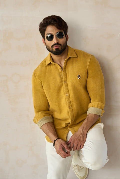 Mustard Brushed Flannel Shirt with Chest Embroidery Shirt