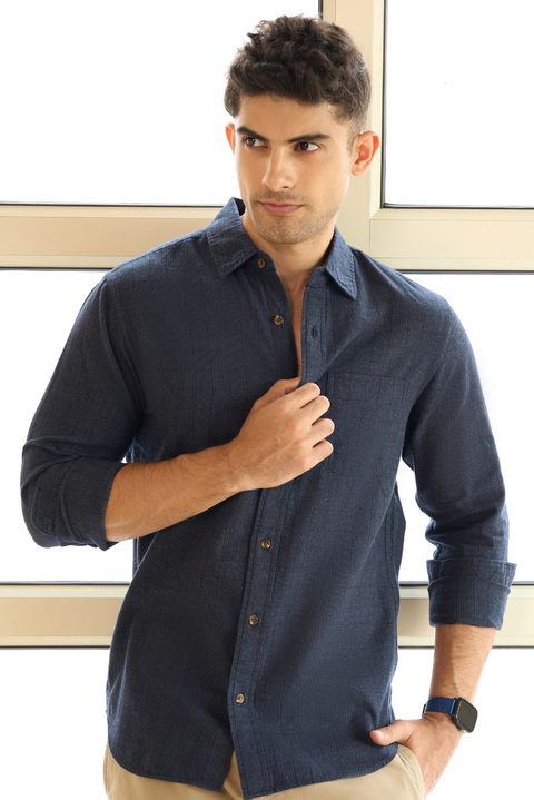 Dark Navy Tonal Checks 100% Cotton Shirt