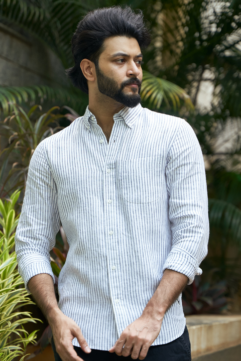 White And Black Mens' Striped Linen Shirt - Sustainable