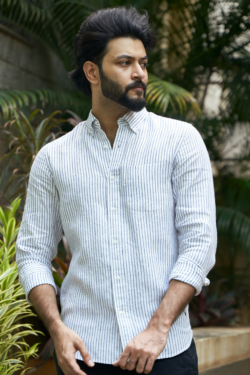 White and Black Mens' Striped Linen Shirt - Sustainable