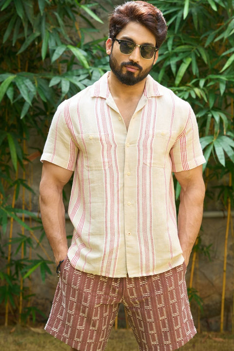 Men’s Ivory Shirt – Cotton Linen with Red Stripes