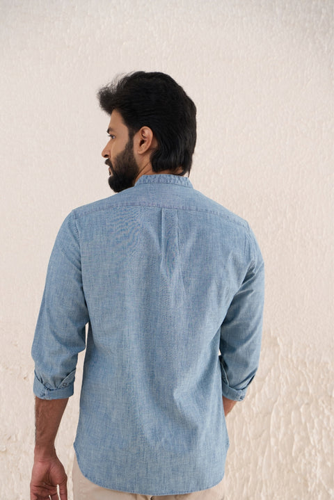 Mandarin Collar Snap Button Denim Shirt