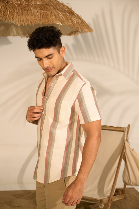 Ecru Stripes Shirt In Linen Cotton
