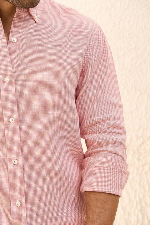 Coral Houndstooth 100% Linen Shirt